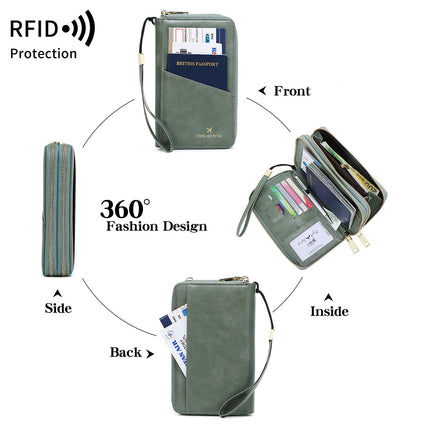 Light Brown RFID Blocking Passport Wallet - Multi-Function Travel Organizer with Double Zipper and Crossbody Strap