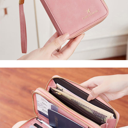Pink RFID Blocking Passport Wallet - Multi-Function Travel Organizer with Double Zipper and Crossbody Strap