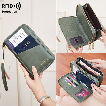 Dark Blue RFID Blocking Passport Wallet - Multi-Function Travel Organizer with Double Zipper and Crossbody Strap