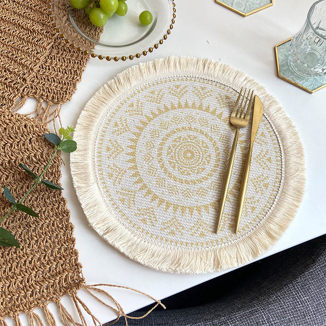 4 Pcs Beige and Yellow Boho Chic Woven Cotton Placemat with Tassels - Nordic Bohemian Style(Tableware is a prop for shooting and is not included)