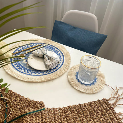 4 Pcs Beige and Yellow Boho Chic Woven Cotton Placemat with Tassels - Nordic Bohemian Style(Tableware is a prop for shooting and is not included)