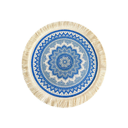 4 Pcs Beige and Yellow Boho Chic Woven Cotton Placemat with Tassels - Nordic Bohemian Style(Tableware is a prop for shooting and is not included)
