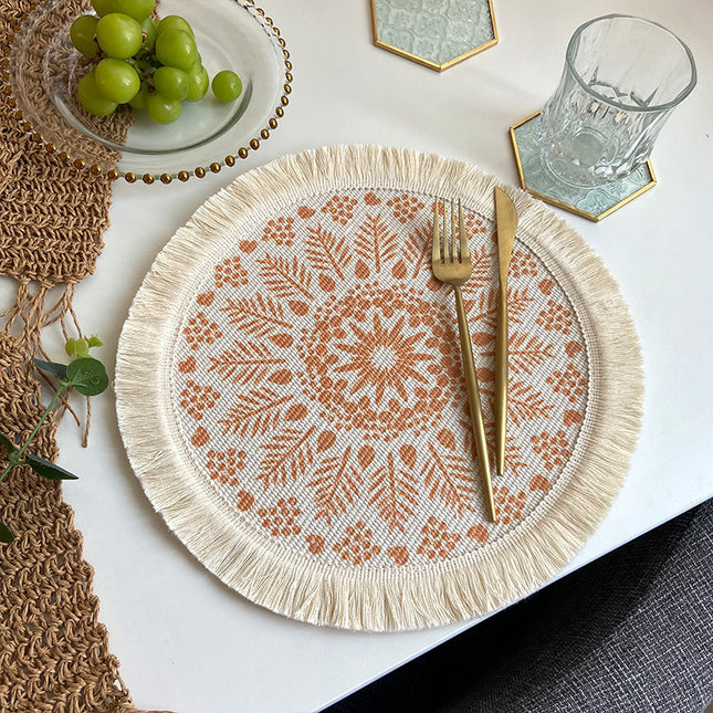4 Pcs Beige and Orange Boho Chic Woven Cotton Placemat with Tassels