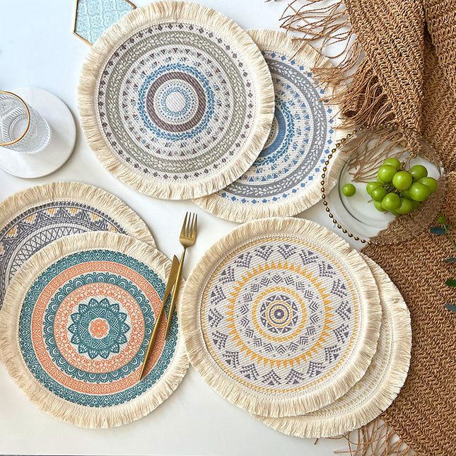 4 Pcs Beige and Orange Boho Chic Woven Cotton Placemat with Tassels – product detail