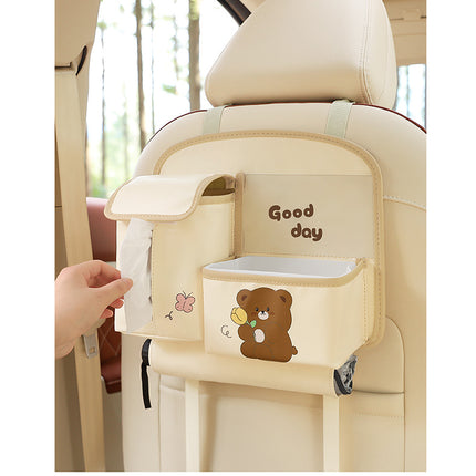 Beige Cute Cartoon Car Backseat Organizer with Multi-Pocket Storage and PP Trash Bin - 400g Lightweight PU Leather
