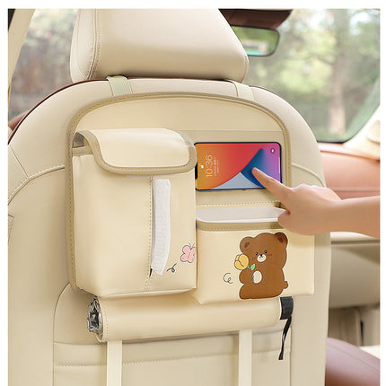 Beige Cute Cartoon Car Backseat Organizer with Multi-Pocket Storage and PP Trash Bin - 400g Lightweight PU Leather