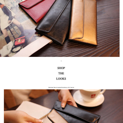 Blue Women's Genuine Leather Long Wallet - Slim Business Clutch with Snap Closure, Multi-Card Holder