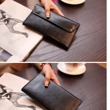 Dark Green Women's Genuine Leather Long Wallet - Slim Business Clutch with Snap Closure, Multi-Card Holder