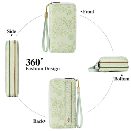 Pink Floral Embossed Large Capacity Women's Wallet - Double Zipper PU Leather Clutch with Detachable Wrist Strap