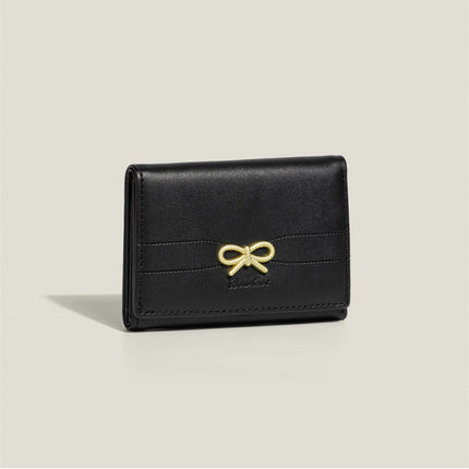 Black Compact Women's Bow-Accent Wallet - Fresh Minimalist PU Leather Foldable Card Holder with Multiple Slots