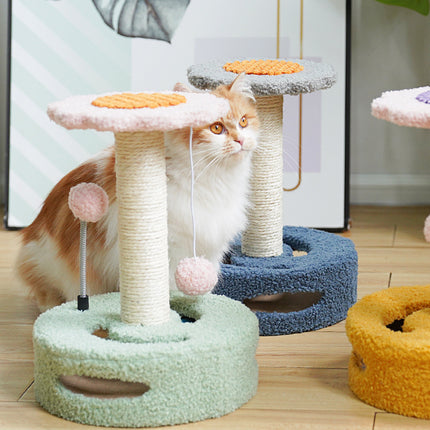 Green And Pink Sunflower Cat Scratching Post - 35cm Sisal Cat Tree with Plush Toys for Small Cats