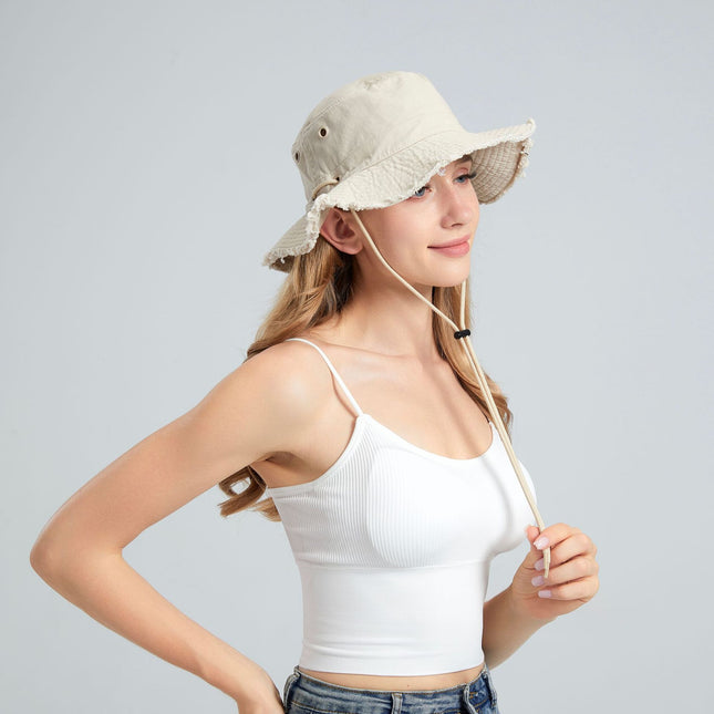 Beige Packable Cotton Bucket Hat