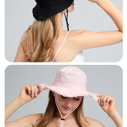 Coffee Packable Cotton Bucket Hat - Folds into Wearable Pouch | Frayed Edge Sun Hat with Chin Strap