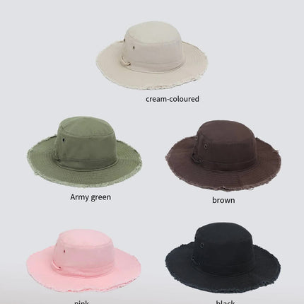Pink Packable Cotton Bucket Hat - Folds into Wearable Pouch | Frayed Edge Sun Hat with Chin Strap