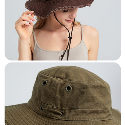Black Packable Cotton Bucket Hat - Folds into Wearable Pouch | Frayed Edge Sun Hat with Chin Strap