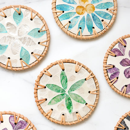 4 Pcs Beige Background With Blue flower Handcrafted Rattan Coaster with Natural Shell Inlay - Decorative & Heat Insulating Drink Mat