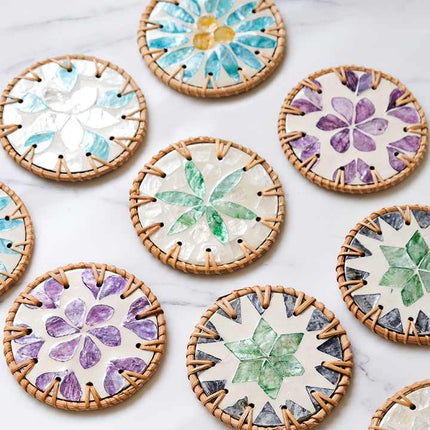 4 Pcs Beige Background With Blue flower Handcrafted Rattan Coaster with Natural Shell Inlay - Decorative & Heat Insulating Drink Mat