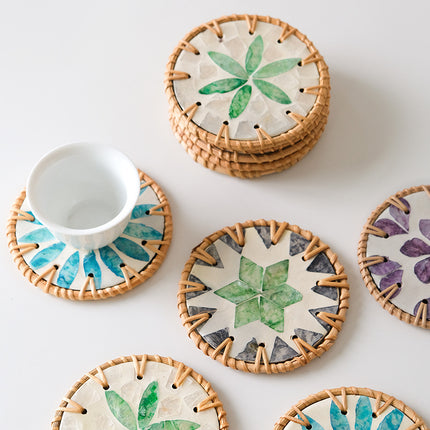 4 Pcs Beige Background With Blue and Pink flower Handcrafted Rattan Coaster with Natural Shell Inlay - Decorative & Heat Insulating Drink Mat