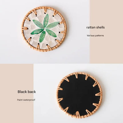 4 Pcs Beige Background With Blue and Pink flower Handcrafted Rattan Coaster with Natural Shell Inlay - Decorative & Heat Insulating Drink Mat
