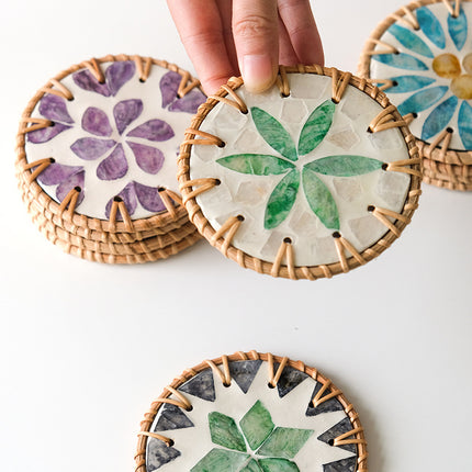 4 Pcs Khaki Background With Pink flower Handcrafted Rattan Coaster with Natural Shell Inlay - Decorative & Heat Insulating Drink Mat