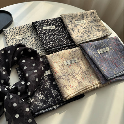 Style 15 Beige Versatile Patterned Square Scarf | 65x65cm Lightweight Polyester Neckerchief Headband | Vintage Polka Dot & Floral