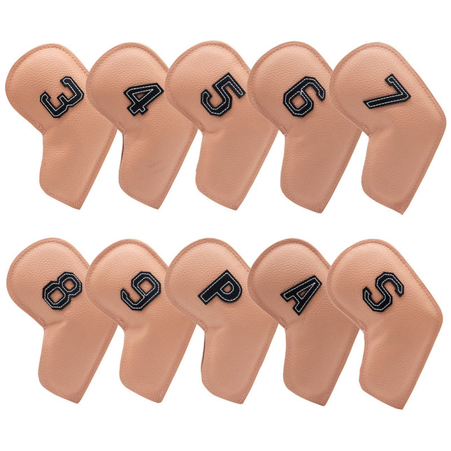 Khaki Golf Iron Head Covers Set of 10 - Waterproof PU Leather Club Protectors with Embroidered Numbers (3-9, P, A, S)