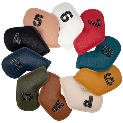 Khaki Golf Iron Head Covers Set of 10 - Waterproof PU Leather Club Protectors with Embroidered Numbers (3-9, P, A, S)