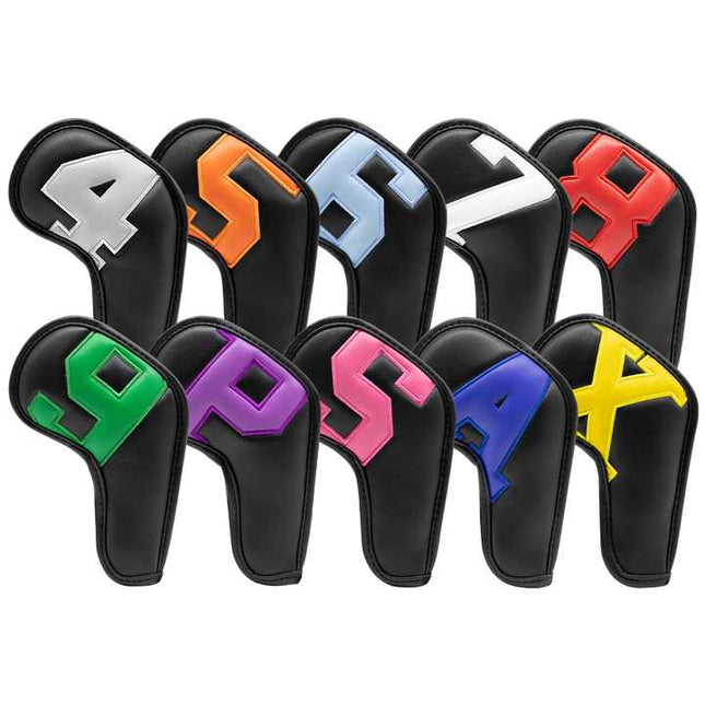 Colorful Words On Black Background PU Leather Golf Iron Headcovers Set (10pcs) – product detail