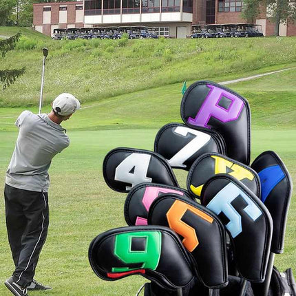 Colorful Words On Black Background PU Leather Golf Iron Headcovers Set (10pcs) - Numbered Protective Club Covers (4-9, P, A, S, L) Universal Fit