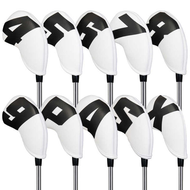 Black Words On White Background PU Leather Golf Iron Headcovers Set (10pcs) – product detail