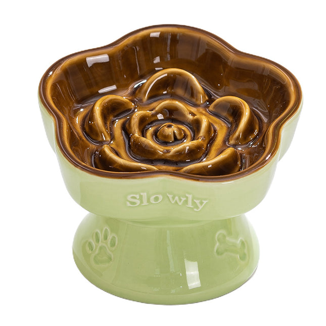 Green and Brown Ceramic Slow Feeder Pet Bowl for Cats and Small Dogs