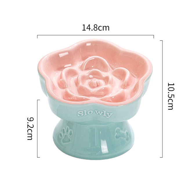Blue and Pink Ceramic Slow Feeder Pet Bowl for Cats and Small Dogs