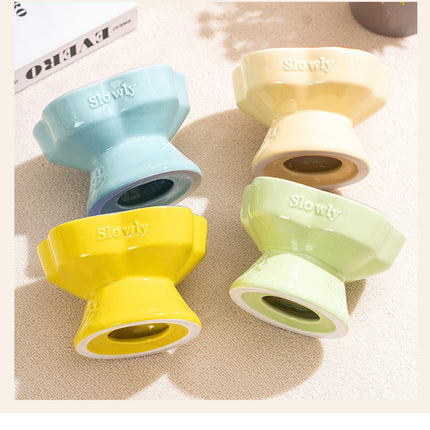 Blue and Pink Ceramic Slow Feeder Pet Bowl for Cats and Small Dogs - Anti-Choke Elevated Design with 15-Degree Tilted Rim