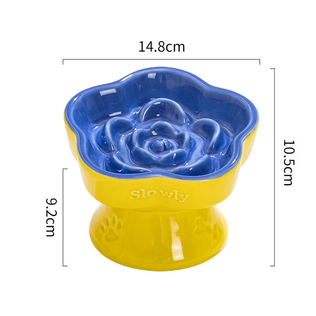 Yellow and Blue Ceramic Slow Feeder Pet Bowl for Cats and Small Dogs
