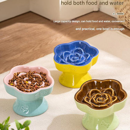 Yellow and Blue Ceramic Slow Feeder Pet Bowl for Cats and Small Dogs - Anti-Choke Elevated Design with 15-Degree Tilted Rim