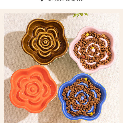 Khaki and Orange Ceramic Slow Feeder Pet Bowl for Cats and Small Dogs - Anti-Choke Elevated Design with 15-Degree Tilted Rim