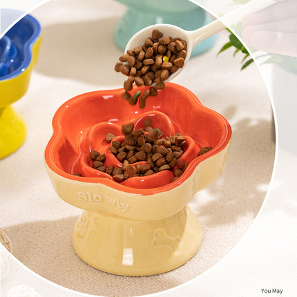 Khaki and Orange Ceramic Slow Feeder Pet Bowl for Cats and Small Dogs - Anti-Choke Elevated Design with 15-Degree Tilted Rim