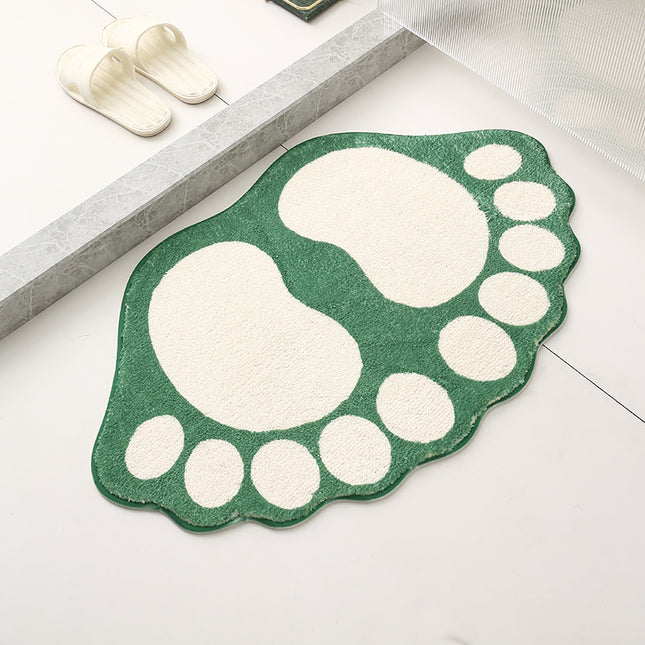 2 Pcs Green And White Foot-Shaped Plush Bath Mat