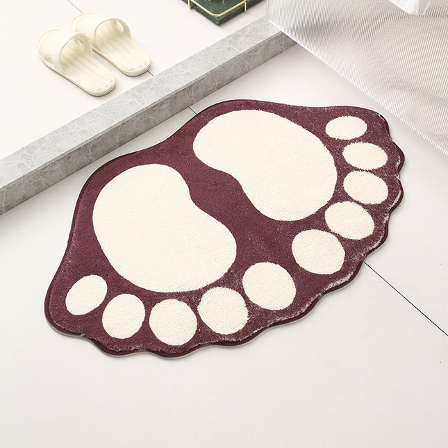 2 Pcs Dark Red And White Foot-Shaped Plush Bath Mat
