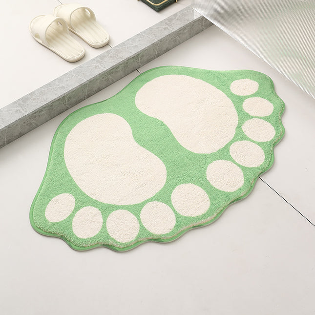 2 Pcs Light Green And White Foot-Shaped Plush Bath Mat