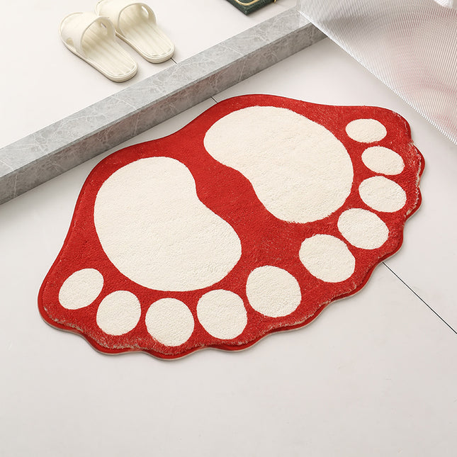 2 Pcs Red And White Foot-Shaped Plush Bath Mat