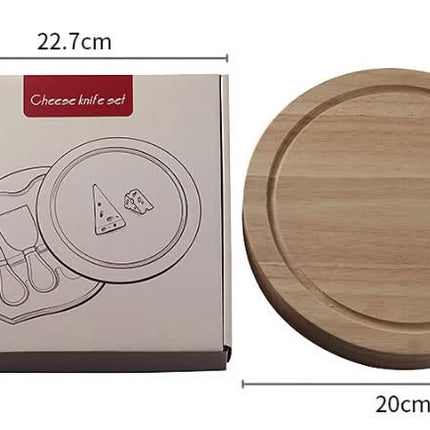 Brown And Black Compact Round Rubberwood Cheese Board Set | 4 Stainless Steel Knives & Tools