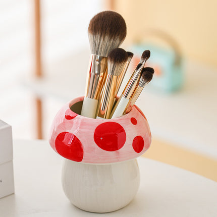 Pink And Red Adorable Ceramic Mushroom Desk Organizer - Cute Pen & Makeup Brush Holder