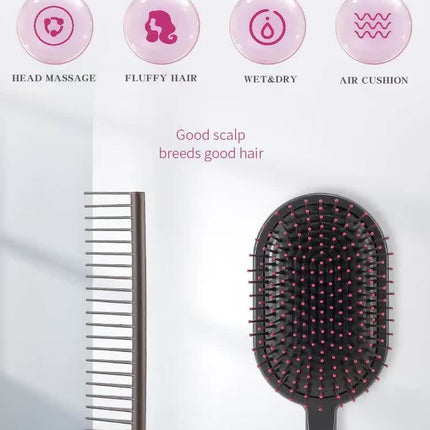 Grey Air Cushion Massage Paddle Brush & Wide Tooth Comb Set - Gentle Detangling for All Hair Types