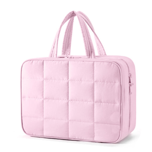 Size M Pink Quilted Hanging Toiletry Bag with Jewelry Organizer