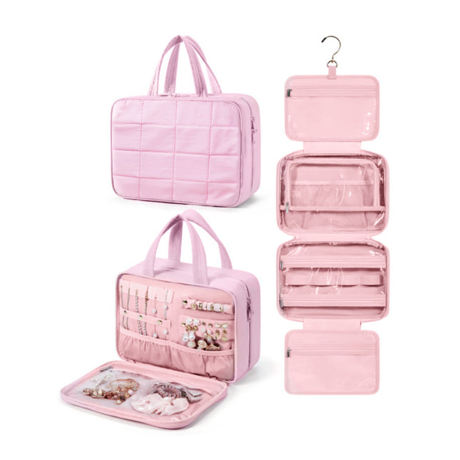 Size M Beige Quilted Hanging Toiletry Bag with Jewelry Organizer – product detail