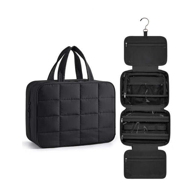 Size M Black Quilted Hanging Toiletry Bag with Jewelry Organizer