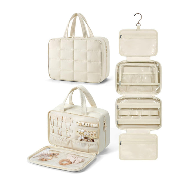 Size L Beige Quilted Hanging Toiletry Bag with Jewelry Organizer