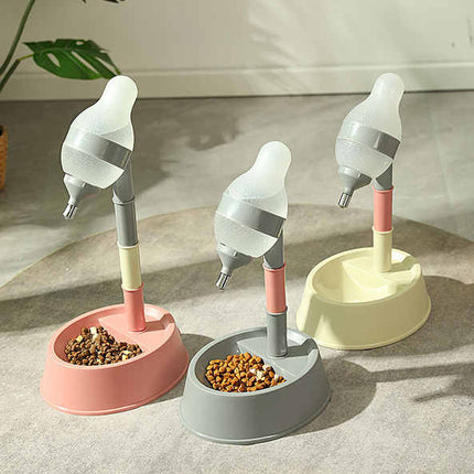 Pink Base Adjustable Height Pet Water Dispenser with Food Bowl Base - Non-Drip Bottle Feeder Station for Dogs & Cats