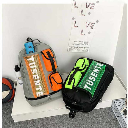 Orange And Black Stylish Sports Backpack with Contrast Pockets - Unisex Gym Bag for Badminton & Tennis